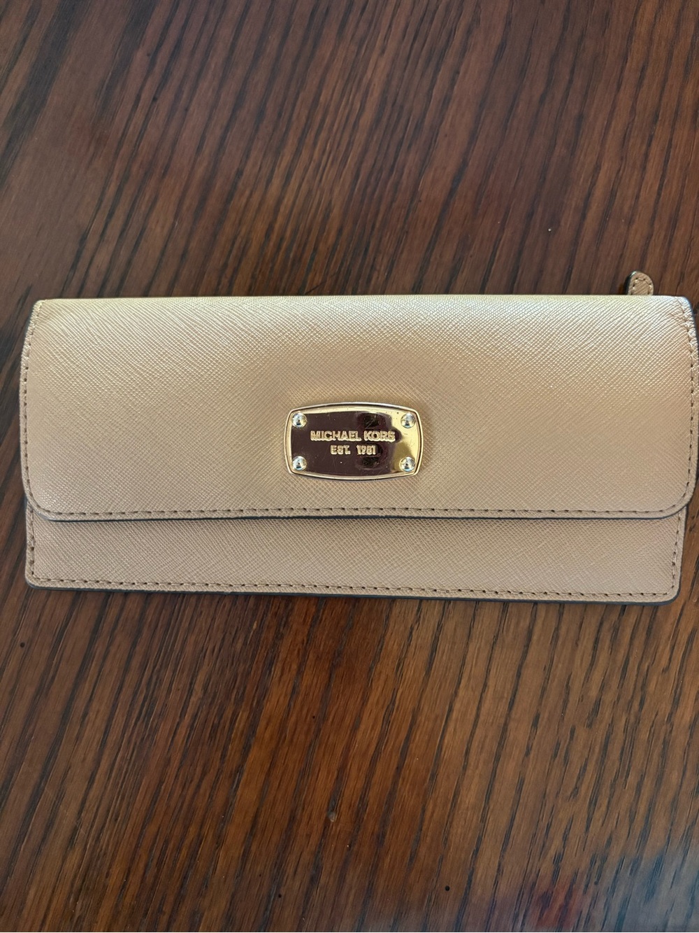 Michael Kors Taupe Saffiano Leather Continental Wallet with Gold Plaque